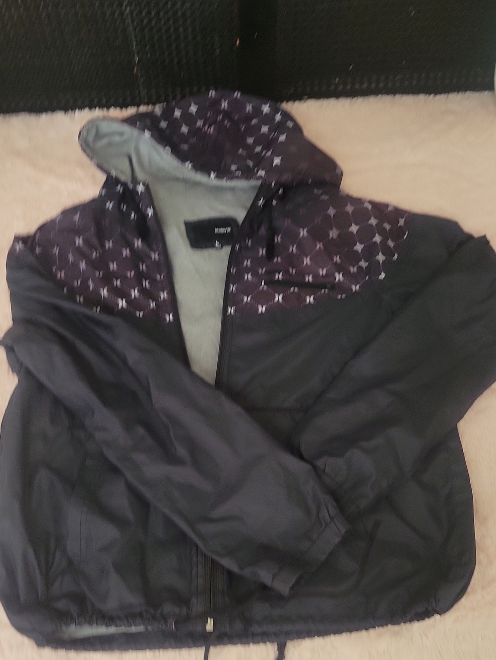 Women Hooded Black Jacket with Patterned Yoke